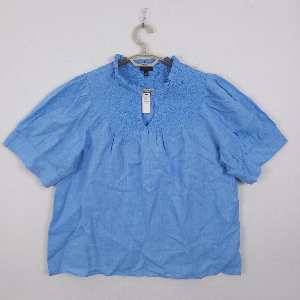 Talbots Top Smocked Linen Blouse Womens 2X Blue Puff Sleeve Ruffle Neck Top NEW